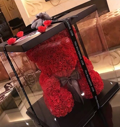 aşkın adı 21'li kırmızı gül aranjmanı Çiçeği & Ürünü Teddy Rose Bear Güllü Ayıcık Şeffaf Kutulu 